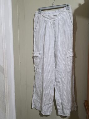 Women's White Striped Wide-Leg Linen Pants Made In Italy Size 35